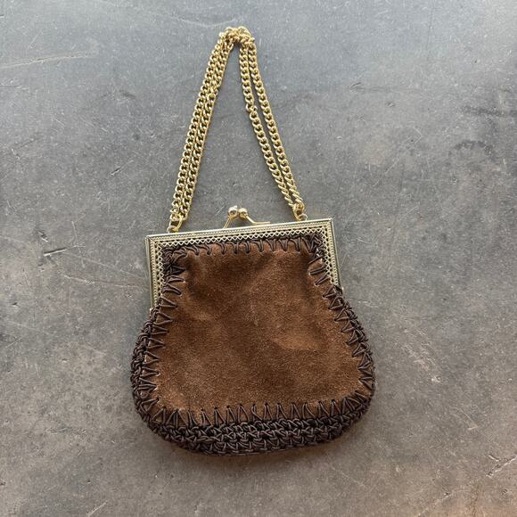 Vintage Y2k Suede Brown Boho Preppy Chic Gold Chain Mini Made In Italy Handbag - Picture 2 of 5